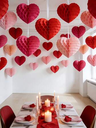 8pcs/1pc Valentine's Day Heart Shaped Honeycomb Paper Ball Pendant, Pink Paper Heart Pendant, Suitable For Valentine's Day, Wedding Party Decor, Birthday Party Decor, Gift Packaging, Valentine's Day Decor, Valentine's Day Party, Valentine's Day Gift