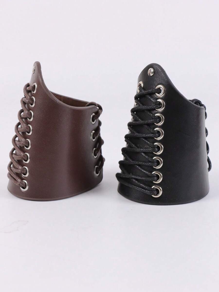 1PC Adjustable Brown/Black Faux Leather Arm Cuffs With Metal Eyelets Lace-Up Design Streetwear Accessory - 1PC - View 1