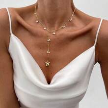 Elegant French Pearl Beaded Necklace Fashionable Tassel Bone Chain Metal Choker Necklace - Gold - View 3