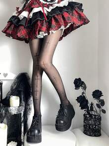 Women's Avant-Garde Punk Sheer Leggings, Nude Base Color Patchwork Gothic Pattern Mesh Thigh High Socks, Suitable For Spring, Summer, Autumn Street Fashion, Daily Party, Y2K Alternative Chic Stockings - Multicolor - View 6