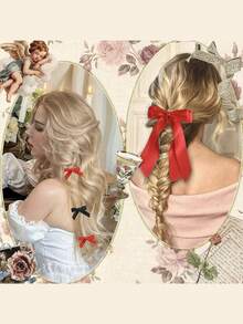 10pcs Ribbon Long Tail Double-Layer Bow Hair Clips, Mini Bow Hair Pins, Hair Ties For Girls, Valentine's Day Party, Black & Red - Multicolor - View 11