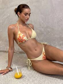 New Sexy Fashion Printed Halter Top And Briefs Set, 4-Piece Summer Outfit - Yellow - View 3