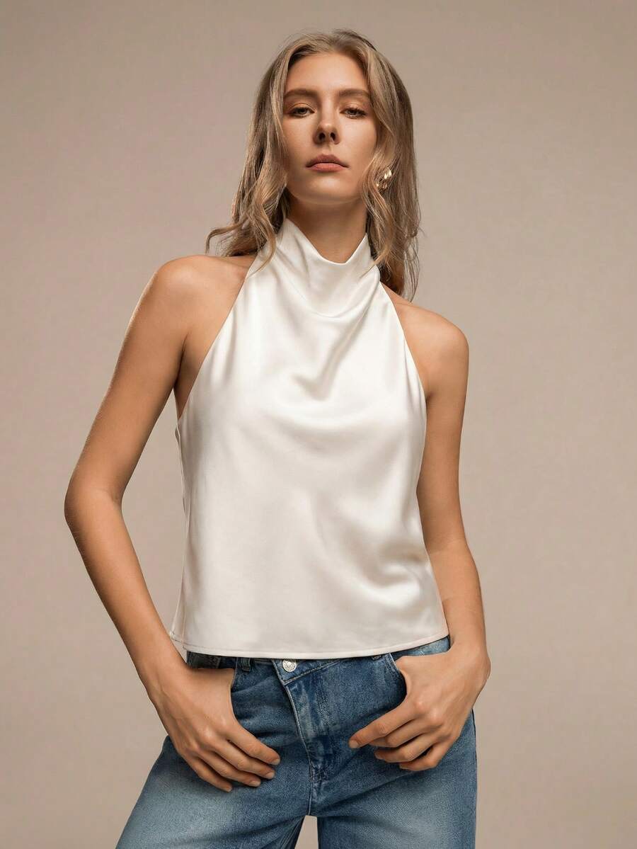 HZXVIC Women's New Solid Color Sexy Backless Halter Neck Blouse, Suitable For Dates, Parties Summer - Beige - View 1