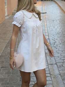 Women Short Sleeve Shirts Solid Color Doll Collar Mini Dress Stylish Loose Fit Y2k Ruched Short Dress Fashionable Elegant Summer Casual Tops Streetwear - trắng - Xem 1