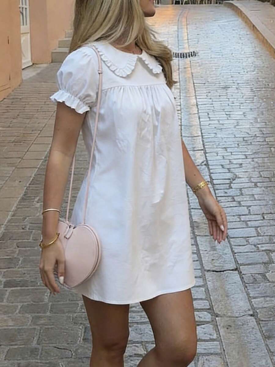 Women Short Sleeve Shirts Solid Color Doll Collar Mini Dress Stylish Loose Fit Y2k Ruched Short Dress Fashionable Elegant Summer Casual Tops Streetwear - trắng - Xem 1