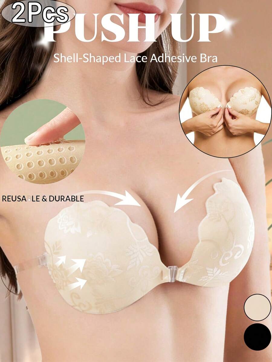 1Pc Shell-Shaped Lace Self-Adhesive Push-Up Bra – Strapless With Free Clear Straps, Reusable For Backless Weddings & Gowns - Black - View 1