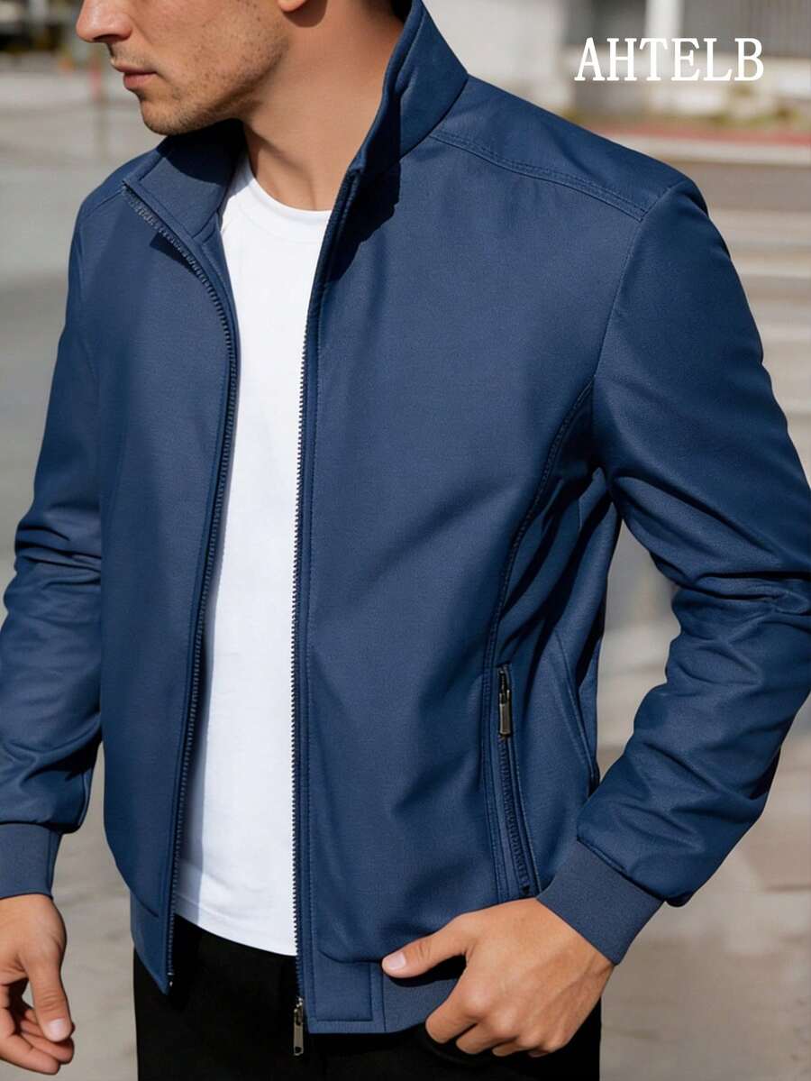 AHTELB 男士拉链夹克，带口袋，休闲春秋外套 - 寶藍色 - 查看 1