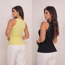 Set Of 2 Women's Ribbed Tank Tops, Non-Transparent, Premium Fabric, Suitable For Multiple Occasions: Work, School, Dinner, Birthday - Negro y amarillo - Ver 3