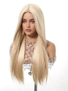 Tóc giả dài màu vàng óng ả, dài 24 inch/60 cm, thanh lịch dành cho nữ - Kiểu rẽ ngôi giữa thời trang, chịu nhiệt, tóc thẳng bồng bềnh, chất liệu tổng hợp, có mũ đội chắc chắn, tóc giả ngắn. - Vàng - Xem 6