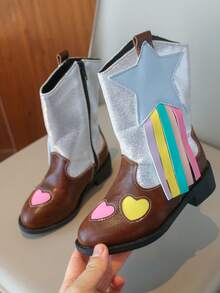 1 par de botas altas para niñas, botas de piel sintética con diseño de flecos, adecuadas para otoño/invierno - Marrón - Ver 3