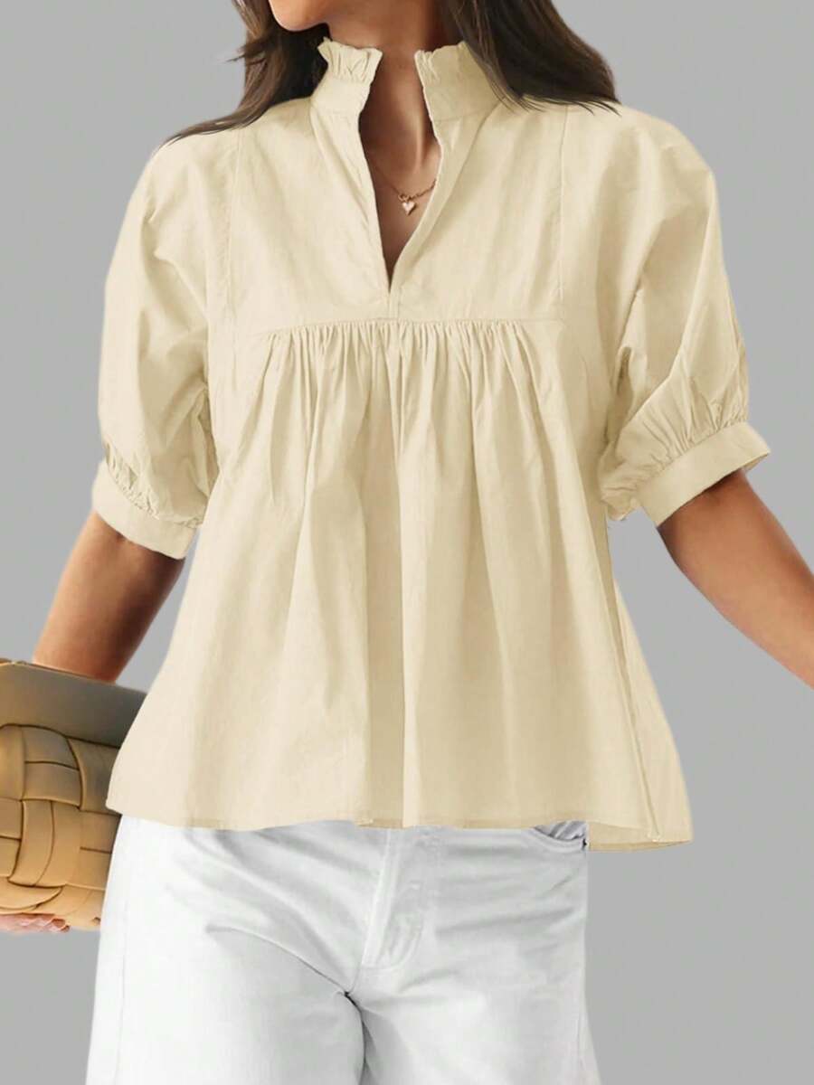 Women's Puff Sleeve V Neck Peplum Blouse Pleated Babydoll Loose Fit Casual Shirt - 米色 - 查看 1