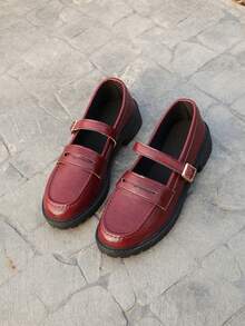 Spring/Autumn New Retro British Style Round Toe Flat Mary Jane Shoes, Versatile - Burgundy - View 6