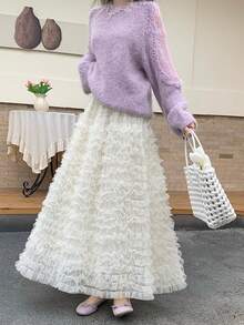 2-26 Women's Multilayer Tulle Mesh Skirt, High Waist Flared A-Line Skirt, Spring/Summer - Apricot - View 3