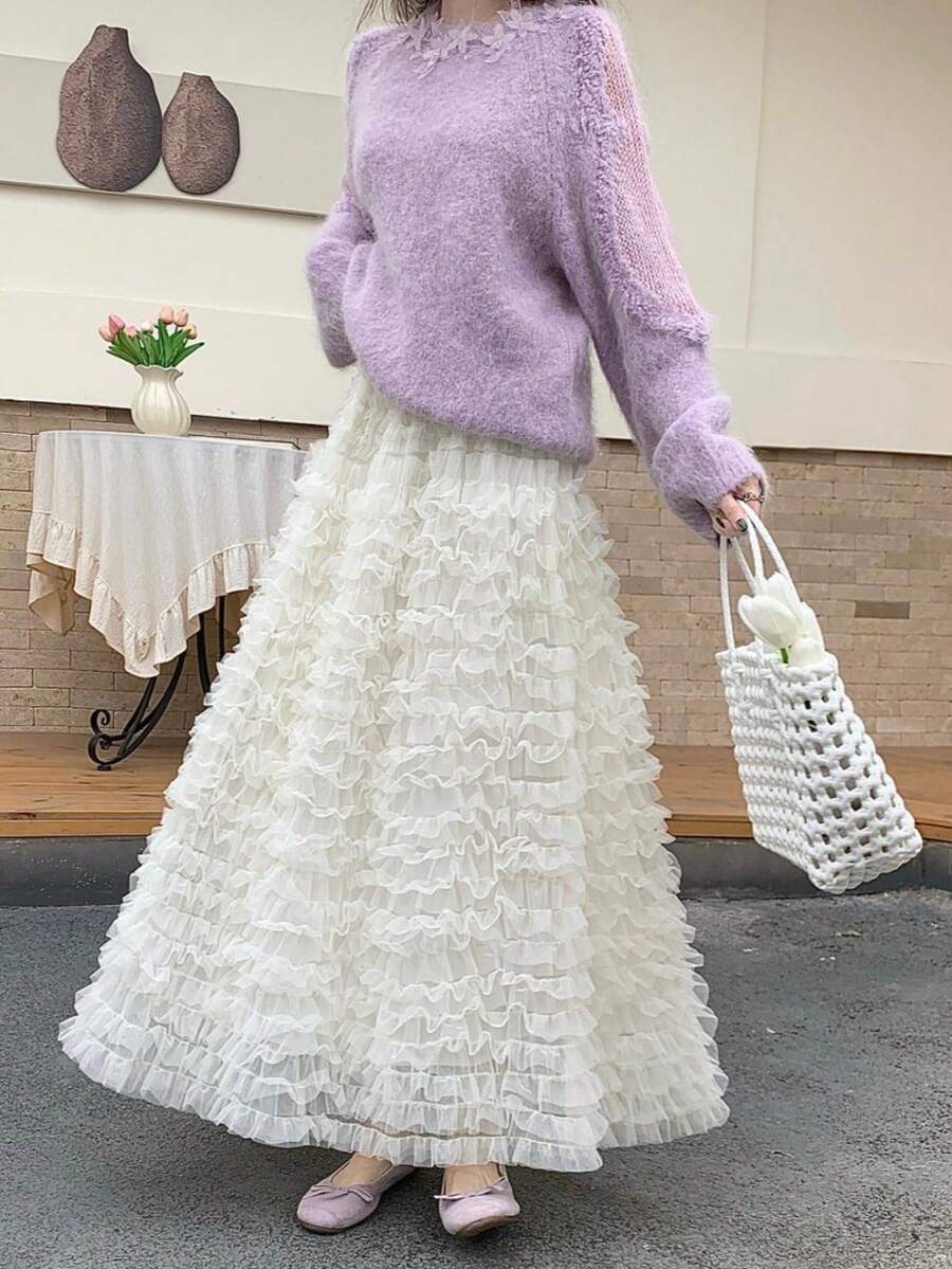 Falda de tul multicapa de mujer, talla 2-26, cintura alta, corte evasé, primavera/verano