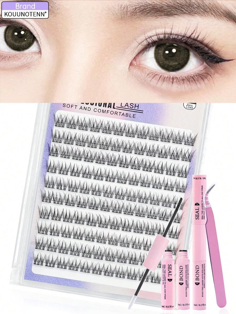 KOUUNOTENN 120 st C-Curl naturlig ögonfransförlängningskit, 10 mm tunn ögonfransförlängning, inkluderar lim, förseglare och ögonfransböjare, gör-det-själv-set för ögonfransförlängning, lösögonfransar