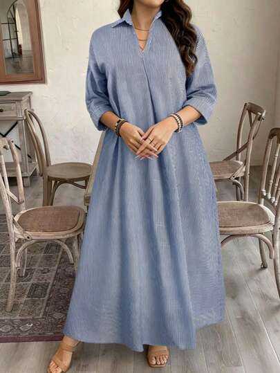 Plus Size Women's Long Striped Shirt Dress, Regular Collar, 3/4 Sleeve, Casual Flared Woven Fabric Spring