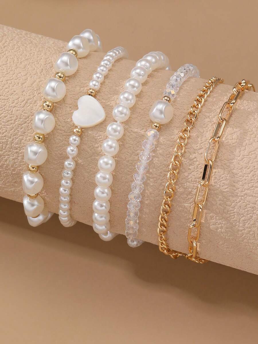 6件套女孩心形珍珠串珠手链套装，适合日常搭配 - 彩色 - 查看 1