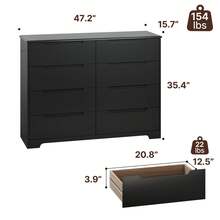 8 Drawer Dresser, 47" Wide Black Dresser For Bedroom With Cut-Out Handles, Modern Wooden Chest Of Drawers With Anti-Tip Kit, For Living Room, Hallway, Entryway, Home Office, Black - 黑色 - 查看 5