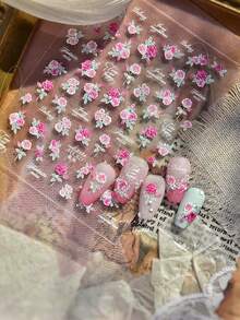 1 Sheet 5D Embossed Rhinestone Nail Stickers, Fresh Style Red Rose Pattern Self-Adhesive Manicure Decals For Girlfriend Valentine's Day Gift - Multicolor - View 3