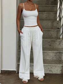 Women's Solid Color Spaghetti Strap Minimalist Top And Pants Casual Set White Summer - White - View 7