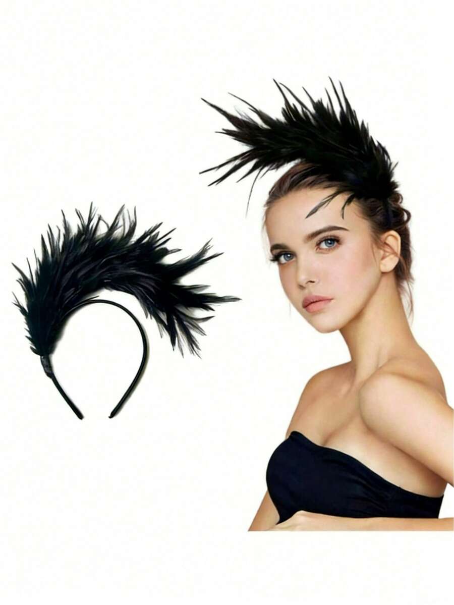 1pc 1920s Feather Headband, 50s Flapper Queen Headpiece, Suitable For Kentucky Derby, Weddings, Tea Parties, Themed Events - Black - View 1