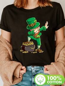 St Patricks Day Leprechaun Print T-Shirt, Short Sleeve Crew Neck Casual Top For Summer & Spring, Unisex's Clothing - Black - View 2