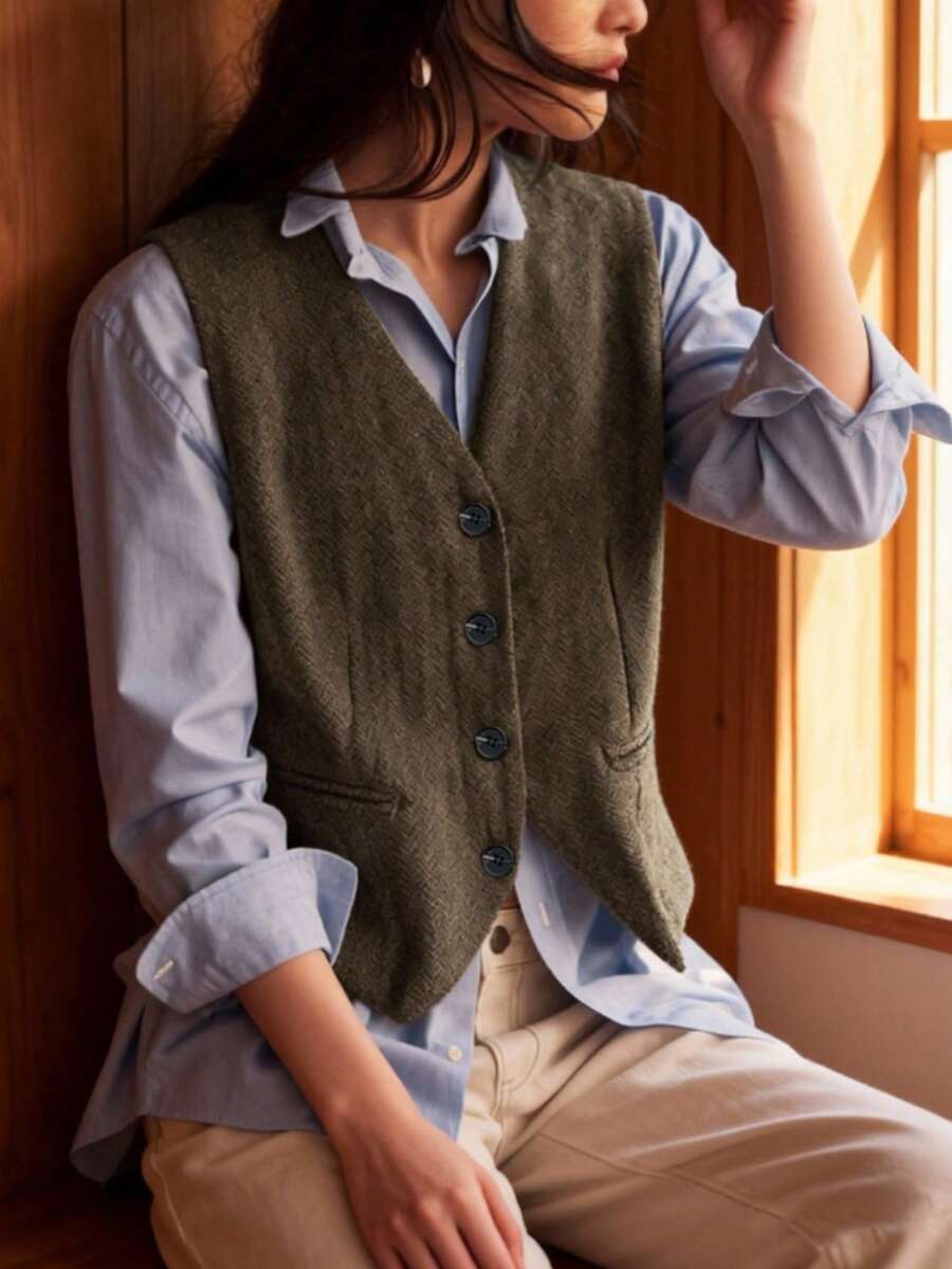 女士叠层英伦复古硬币图案休闲羊毛混纺无袖背心，适合通勤穿着。 - 咖啡棕 - 查看 1