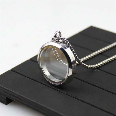 1pc Stainless Steel Necklace With Openable Glass Photo Locket Pendant, Suitable For Men's Daily Wear
