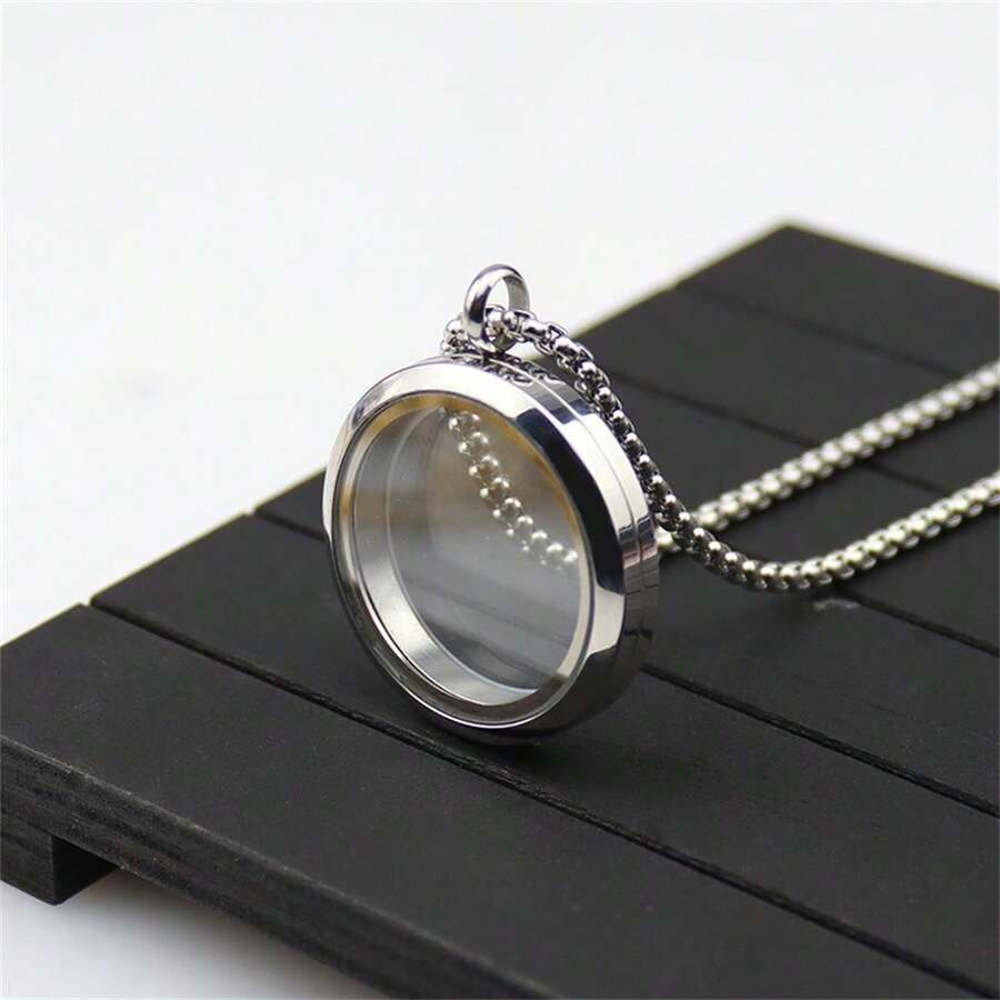 1pc Stainless Steel Necklace With Openable Glass Photo Locket Pendant, Suitable For Men's Daily Wear - Round - View 1