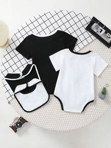 2pcs/Set Baby Boys Casual Fashionable Cute Faux Tie Print Romper With Bib, Daily Outfit Set, Spring/Summer - Black and White - View 2
