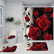 1/3/4 Pcs Red Rose Pattern Bathroom Set, Waterproof Knitted Polyester Curtain With Grommets, Machine Washable, Artistic Theme, Includes Toilet Lid Cover And Bath Mat, 72x72 Inches, With 12 Hooks - Multicolor - View 3