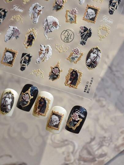 Adesivi per unghie retrò con cavaliere di San Martino, decorazioni per unghie vivaci in bianco e nero con cavallo in rilievo, adesivi per unghie autoadesivi, decorazioni per manicure, decalcomanie fai-da-te per decorazioni natalizie per unghie, accessori per unghie