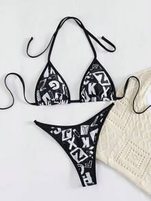 Set bikini da donna a 2 pezzi, costume da bagno sexy con stampa di lettere, schiena annodata e aperta, adatto per vacanze al mare, primavera/estate - nero - Visualizzare 8