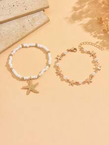 Set de 2 pulseras con colgante de estrella de mar con perlas, estilo minimalista y clásico, hecho a mano, accesorio de joyería versátil y de moda, adecuado para uso diario, fiestas, playa y citas - Multicolor - Ver 2