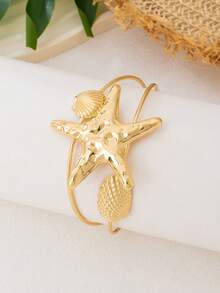 1pc , Beach Vacation Style Metal Starfish & Golden Shell Open Cuff Bracelet, Suitable For Parties, Beach Gatherings, Summer Outings, Casual Holidays - Golden - View 3