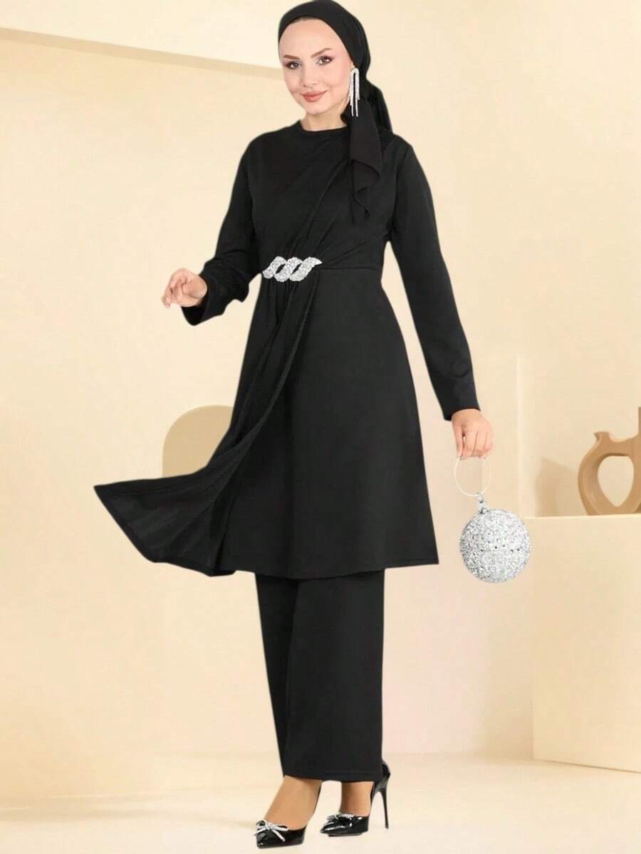 GDfashion 女士黑色两件套：垂褶上衣配水钻搭扣阔腿裤，伊斯兰风格正式春季套装