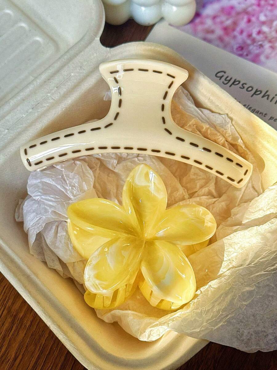 2pcs/1pc Women Beige Stripe Barrette & Yellow Daisy Flower Barrette Combo, Fashion Hair Claw Hair Accessories, Elegant & Versatile Women Claw Clip Elegant Hair Clips - Multicolor - View 1