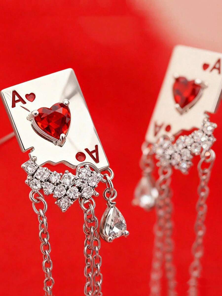 一对朋克风扑克主题耳环，红桃A流苏吊坠耳钉，镶嵌氧化锆，时尚女士珠宝，优雅日常及派对配饰 - 耳環 - 查看 1