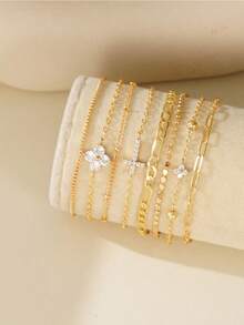 8pcs Elegant Cubic Zirconia Cross & Clover Decor Bracelet Set, Multi-Layer Stackable Bracelets For Women, Daily, Party Jewelry, Best Gift For Holidays (Random Bead Quantity) - 黃金 - 查看 2