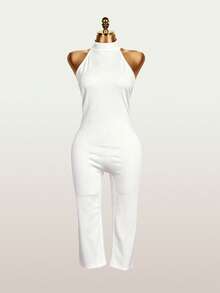 女士性感纯色修身无袖露背弹力连体裤，夏季休闲运动俱乐部服装，优雅白色 - 白色 - 查看 4