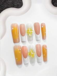 10片装极简法式亚克力美甲套装，手工渐变柠檬花美甲装饰，闪亮白色钻石点缀，黄色扎染效果，白色指甲油，清新夏日风格，送给女性和女孩的理想美甲礼物，美甲用品，手工按压式美甲贴片 - 彩色 - 查看 4