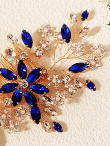 1pc Blue Crystal Flower Hair Comb, Handmade Elegant Hair Accessory, Versatile For Wedding & Daily Wear - Blue - View 10