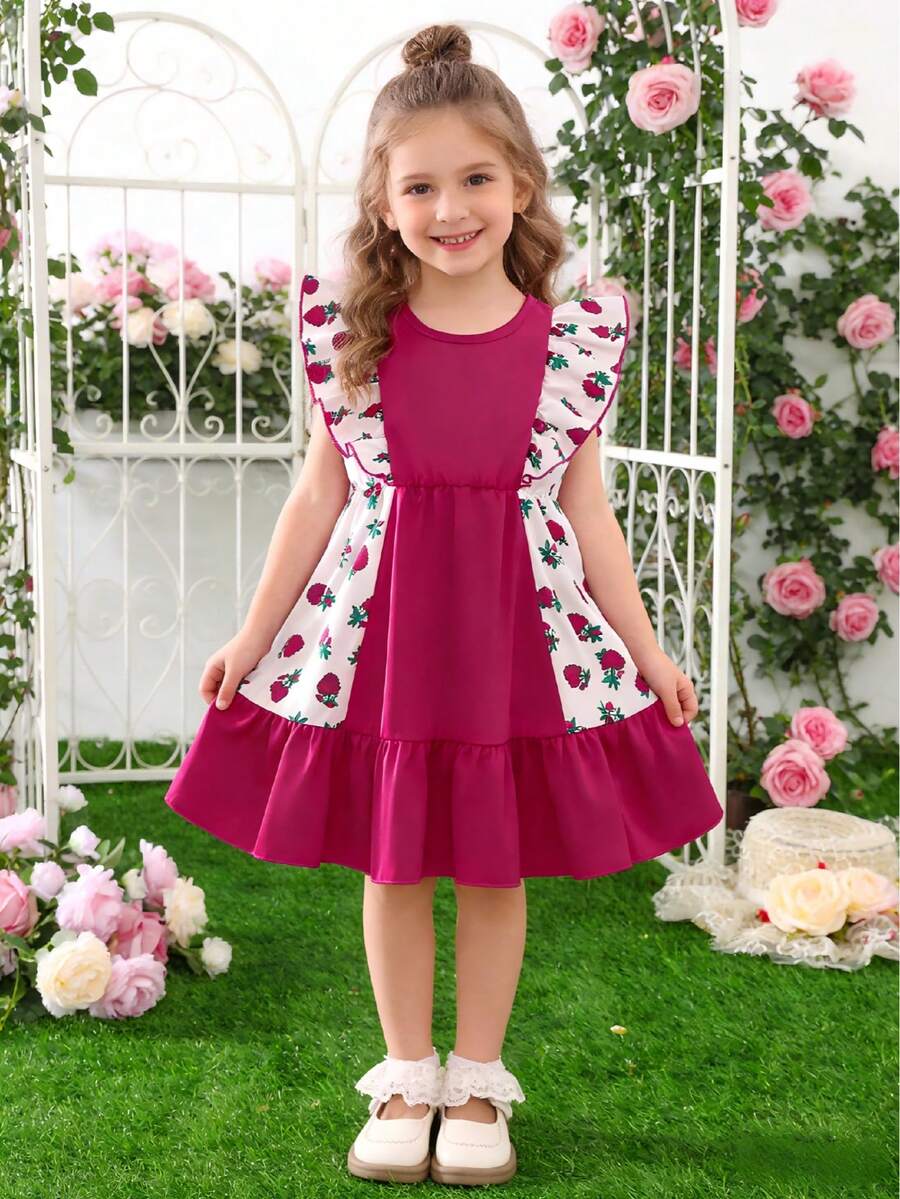 女童夏季新款紫红色拼接玫瑰印花短袖连衣裙，收腰喇叭裙摆，甜美可爱公主裙 - 玫紅色 - 查看 1