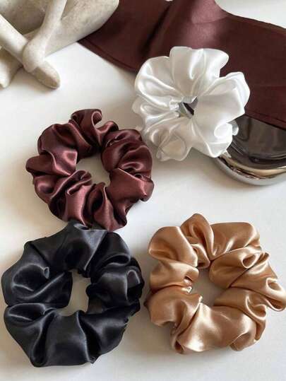 4 piezas/1 pieza Scrunchies de satén de alta calidad de 15,5 cm/6,1 pulgadas en negro, blanco, caqui y marrón para mujeres, lazos de pelo elásticos de unicolor elegantes y minimalistas, adecuados para uso diario, casual, fiesta, viaje, playa, moño, cola de caballo, lavado de cara, maquillaje, accesorios, accesorios para el cabello, accesorios de vacaciones