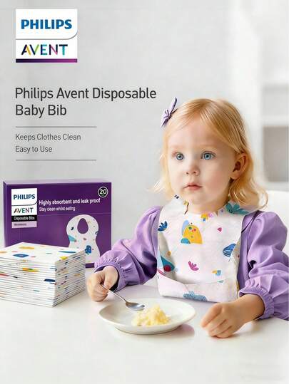 Philips Avent 20pcs/Pack Disposable Baby Bibs, Unisex - Highly Absorbent, Leak-Proof, Essential For Meals And Travel, Easily Handle Messy Feedings