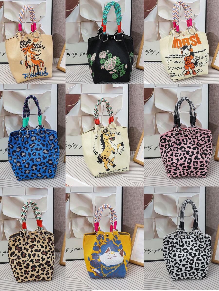 1个2026小马针织包，女士卡通风格手提包，可爱托特包，多功能水桶包 - 彩色 - 查看 1