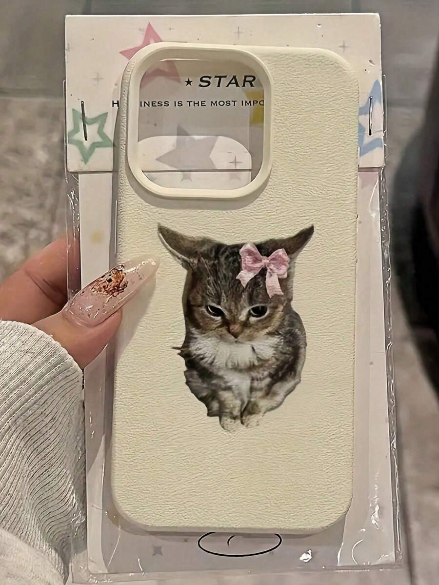 1pc White Matte Lizard Grain Cute Cat With Pink Bow Pattern Full Coverage TPU Fashionable Phone Case, Compatible With IPhone 16/17 Pro Max, 15/14 Plus, 13/12/11, Series - Multicolor - View 1