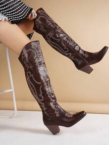 Embroider Thigh High Cowboy Boots For Women Fashion Pointed Toe Block Chunky High Heels Party Vintage Western Cowgirl Boots - Dark Brown A - 查看 4