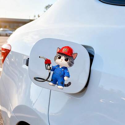 1pc Car Sticker, Car Decal, Car Fuel Tank Sticker: A Small Cat Wearing A Blue Work Uniform And Red Cap Is Refueling Your Car. Made Of PVC Material, Self-Adhesive, Removable, Waterproof. Car Decoration, Decorative Sticker.