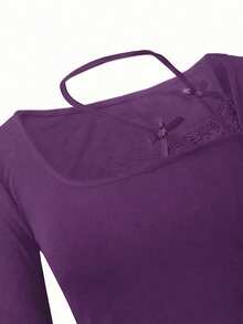 性感撞色蕾丝长袖T恤，修身剪裁，优雅时尚，春季必备 - 紫色 - 查看 9